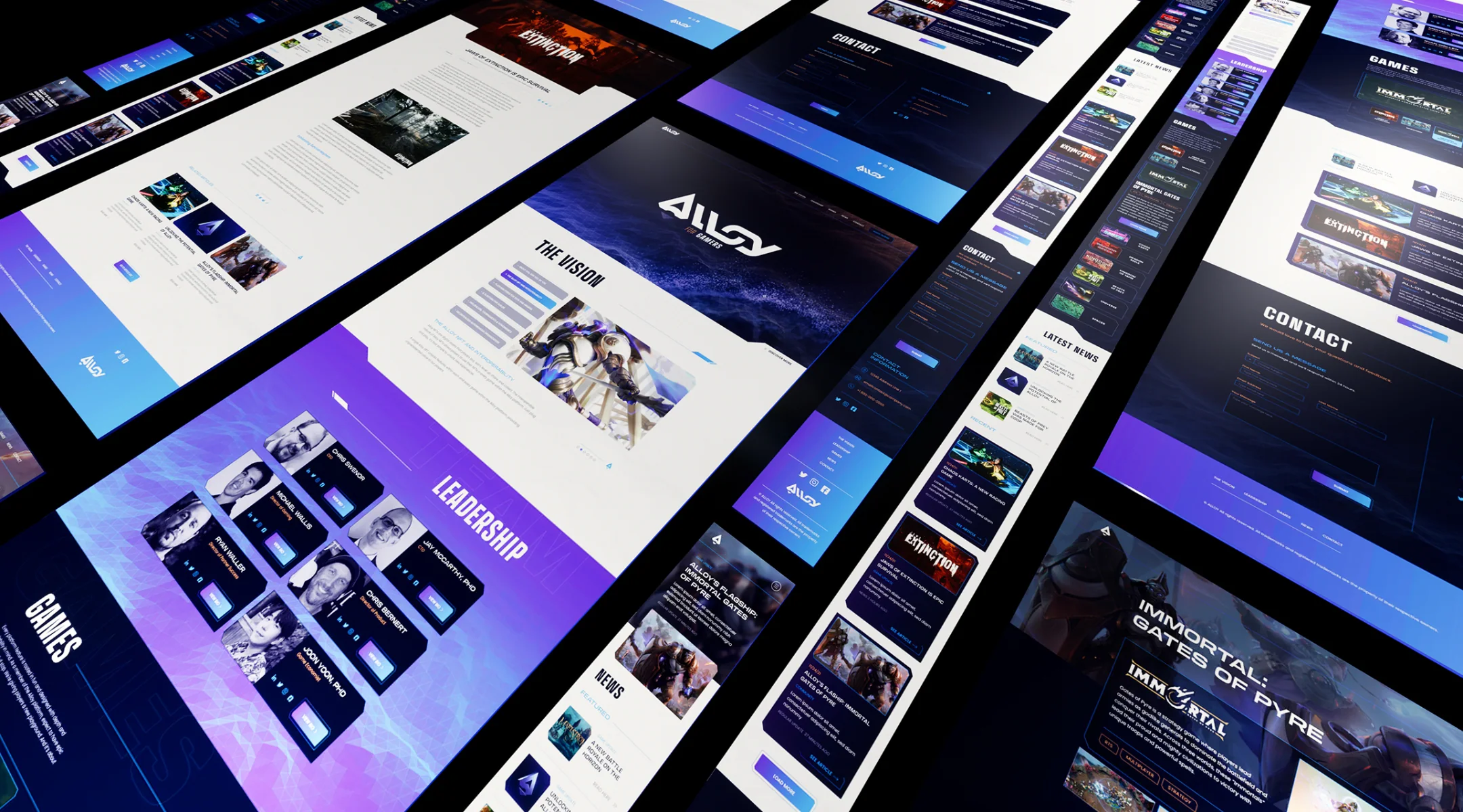Pages of the ALLOY website laid at an angle across black: the vision, leadership, games, news and contact pages in deep blue, violet and white
