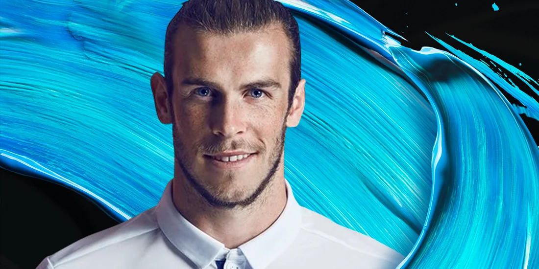 A portrait of Gareth Bale in a white shirt in front of a sweep of cyan paint on black
