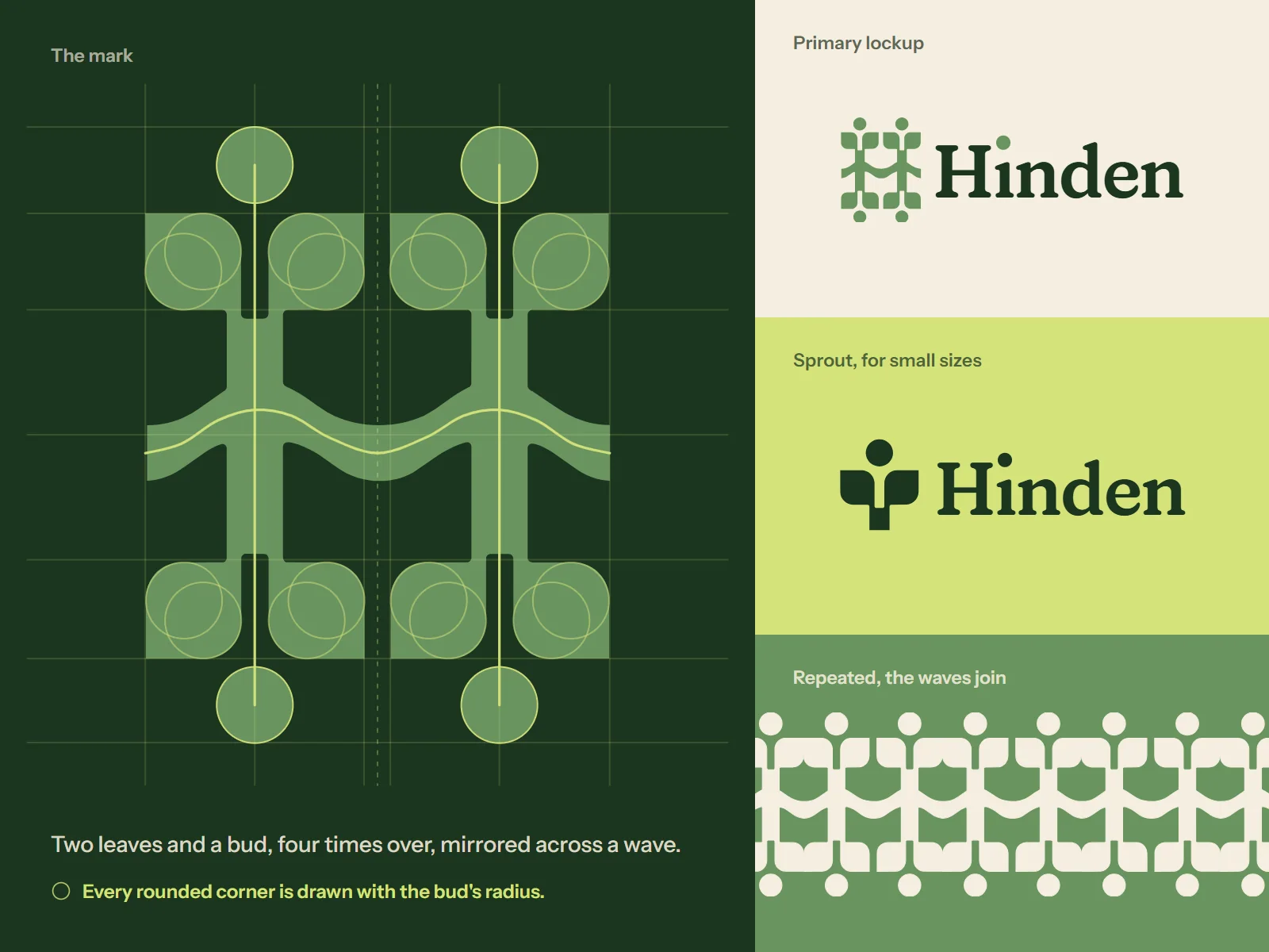 Hinden's logo sheet: on garden green, the mark in leaf green drawn on its construction, the H traced through it, a ring round each bud and a circle of the bud's radius at every rounded corner; beside it three grounds, the primary lockup on porcelain, the sprout with the wordmark on yellow-green shoot, and the mark repeated as a ribbon on leaf green