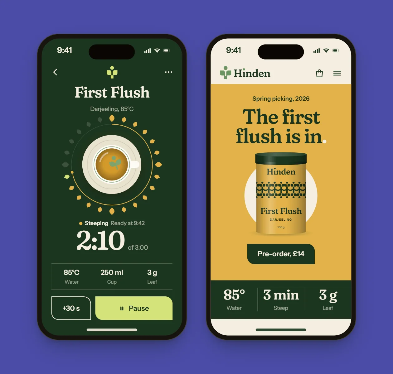Two phones side by side on dusk indigo: Hinden's brew-timer app and its landing page, garden green and porcelain on the screens