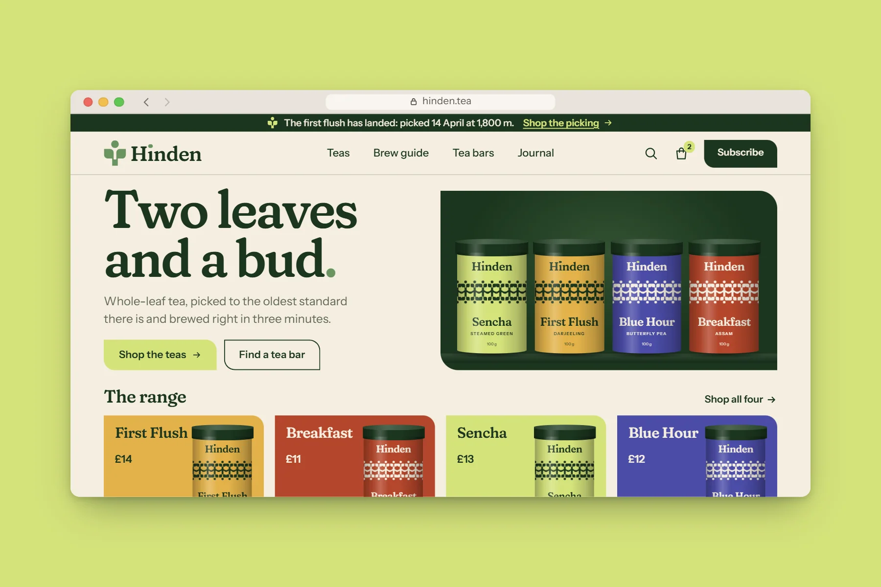 Hinden's home page in a browser window standing on a field of shoot yellow-green: the nav with the mark, the range's first row of tins and the line