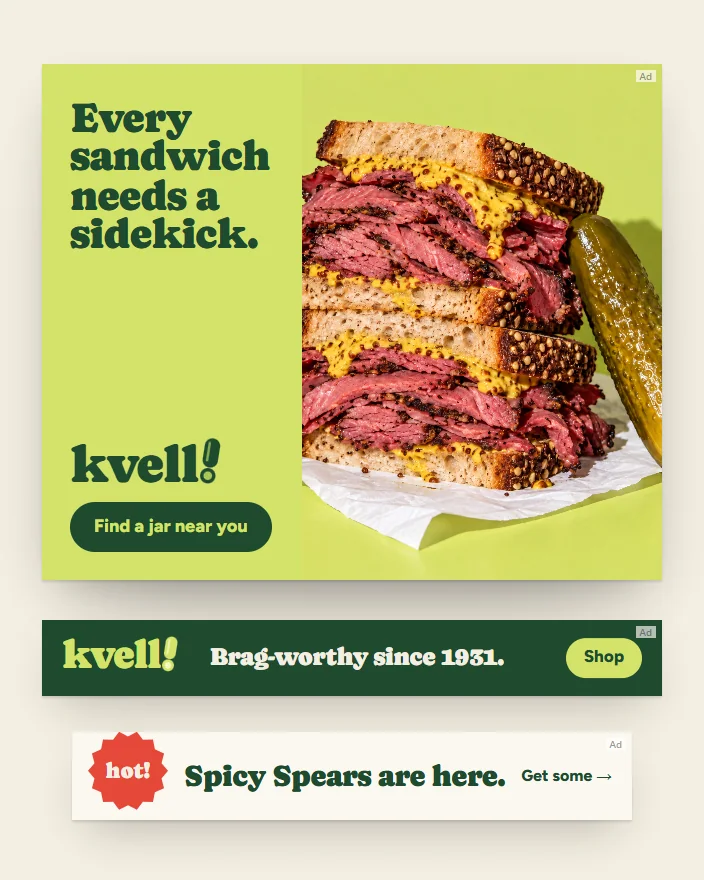 Three display ads: a medium rectangle with a pastrami sandwich and a pickle ("Every sandwich needs a sidekick."), a leaderboard and a mobile banner, in pickle green, chartreuse and tomato