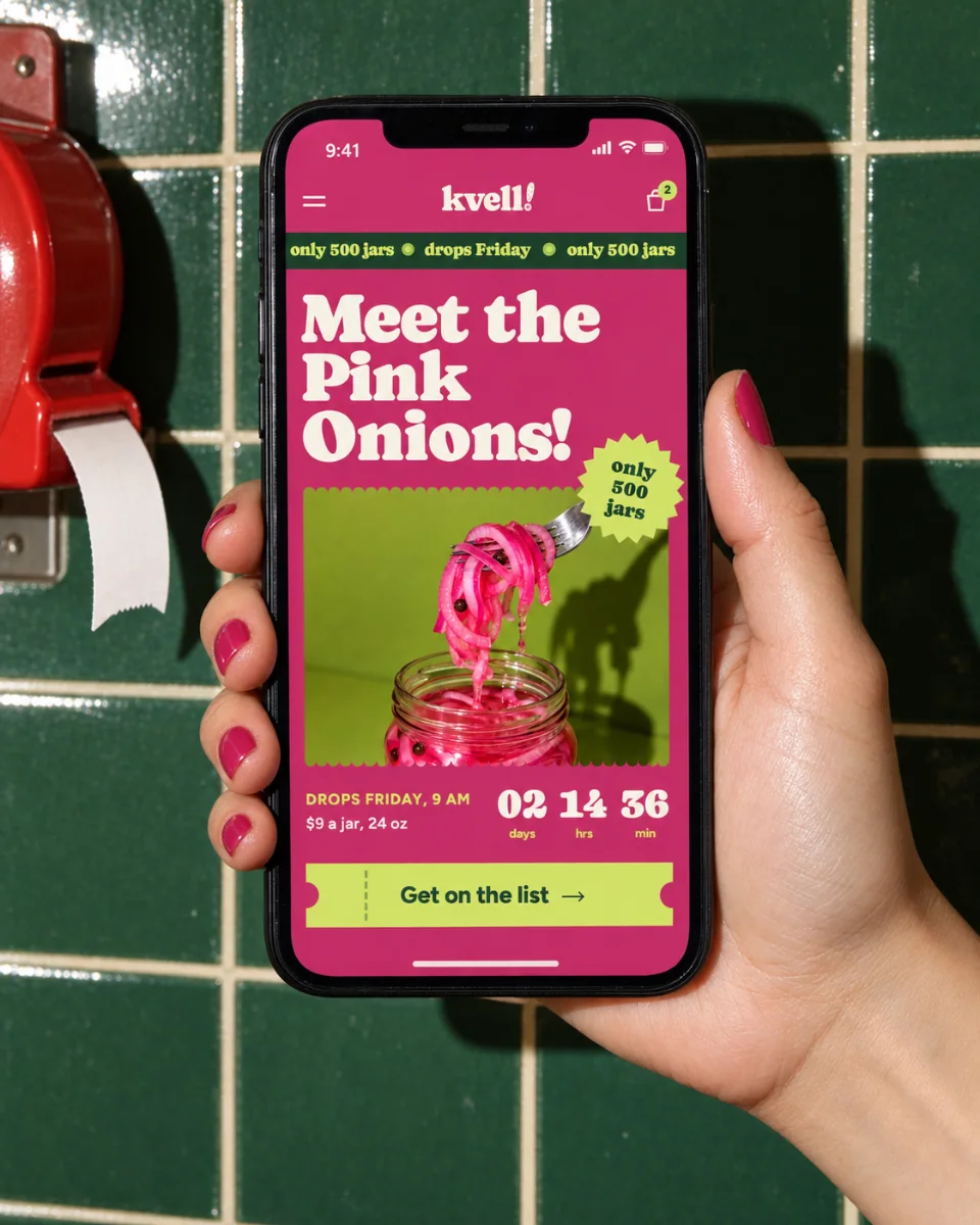 A hand with beet-pink nails holds up a phone against glossy green deli tiles, flash-lit with a hard shadow, a red ticket dispenser at the edge: on the screen, Kvell’s beet-pink drop page, “Meet the Pink Onions!” over a fork lifting pink onions from a jar, a chartreuse “only 500 jars” sticker, a countdown to Friday and a ticket-shaped “Get on the list” button