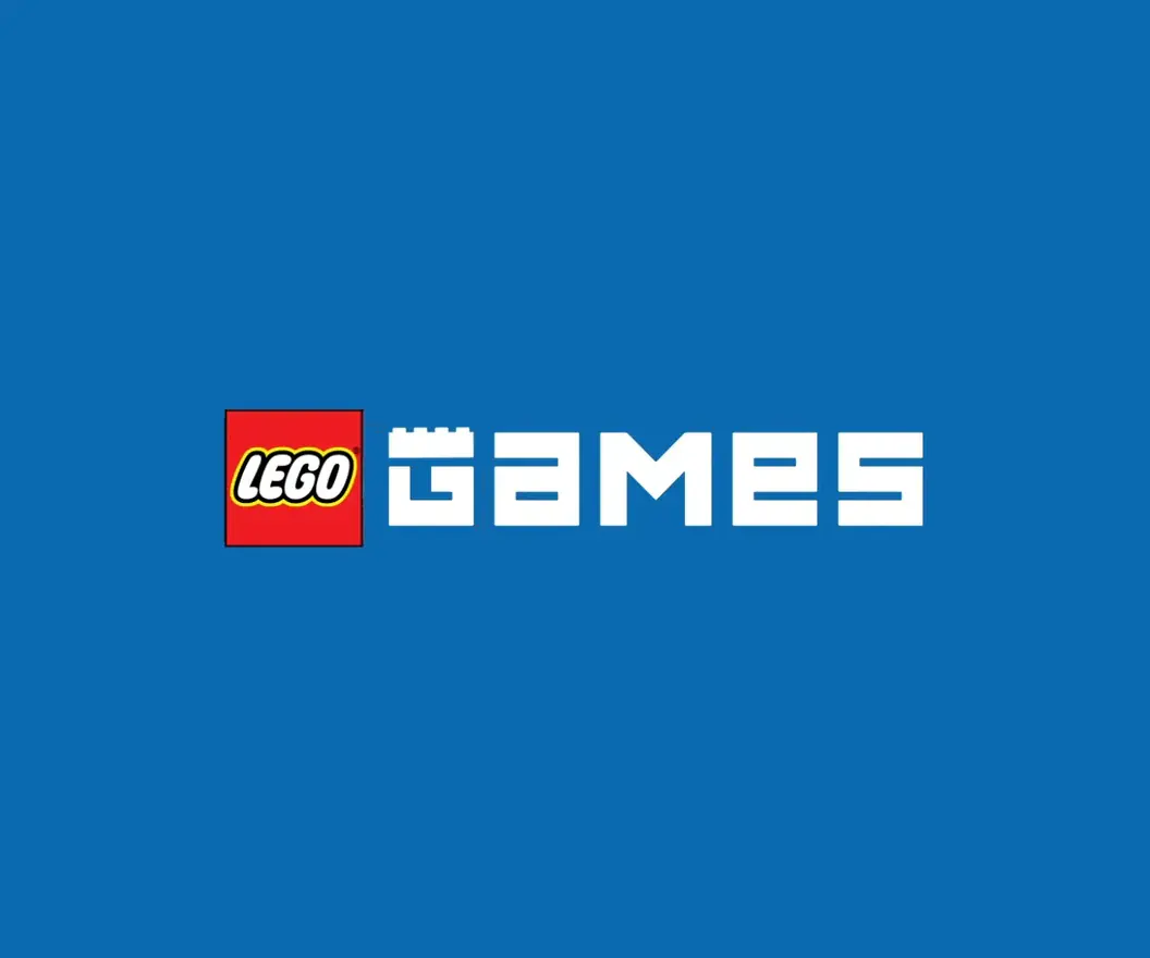The LEGO Games logo animating on blue: the brick G drops and turns into the LEGO tile, then the word games builds out beside it, stud by stud