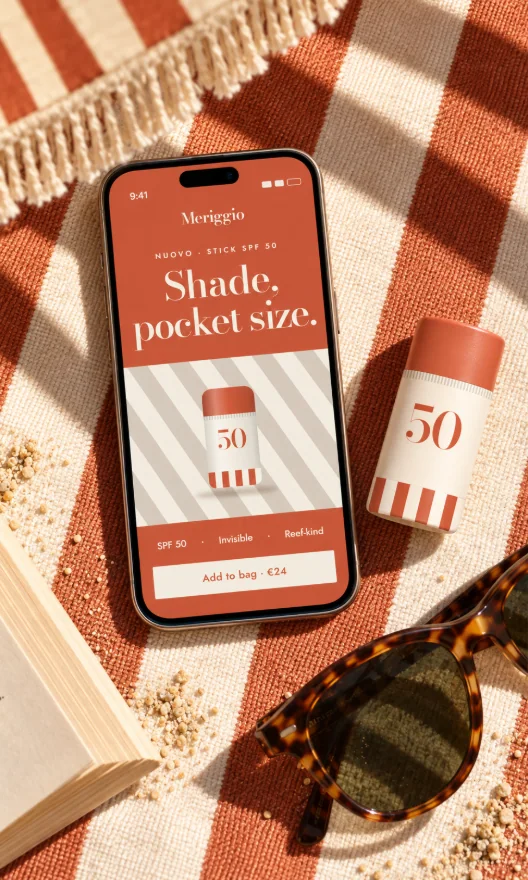 A phone lying on a striped beach towel in hard midday sun, showing the launch page for the SPF 50 stick: "Shade, pocket size." over terracotta and a button to add it to the bag; the stick itself lies beside it with sunglasses