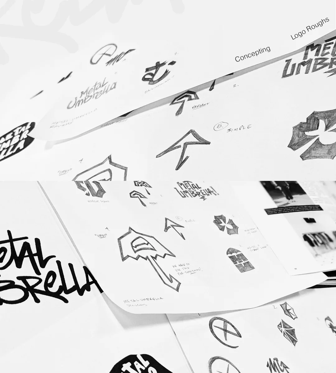 Sheets of pencil and ink logo roughs for Metal Umbrella on white paper: umbrella icons, arrow shapes and brush-lettered wordmarks