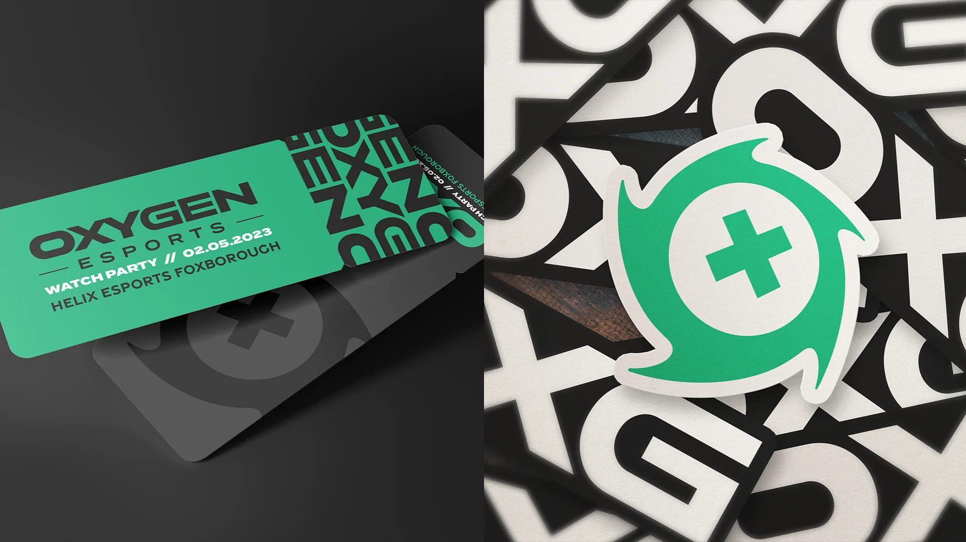 Oxygen Esports in print, two views: a green watch party card lying over a black one, and a die-cut sticker of the green swirl mark with a cross at its centre on black and white lettering