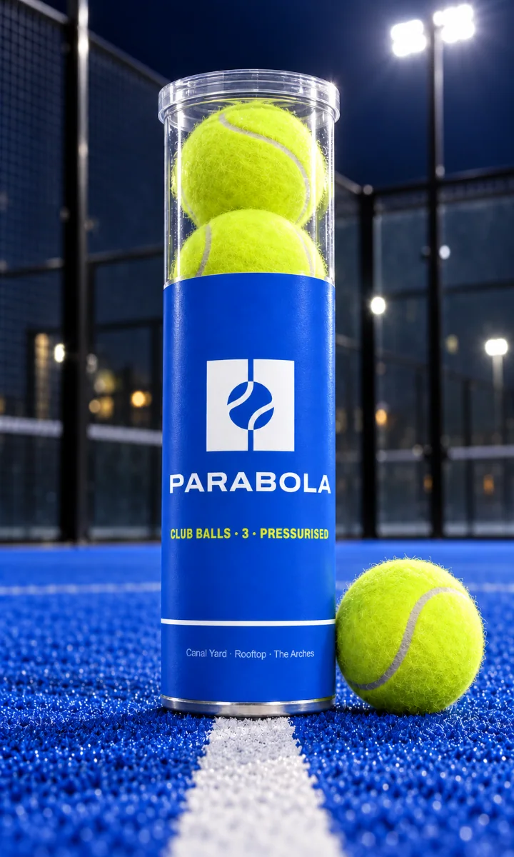 A tube of three club balls standing on blue turf by a white line under floodlights: court blue, the new mark in white, PARABOLA in wide capitals under it, a loose ball beside it