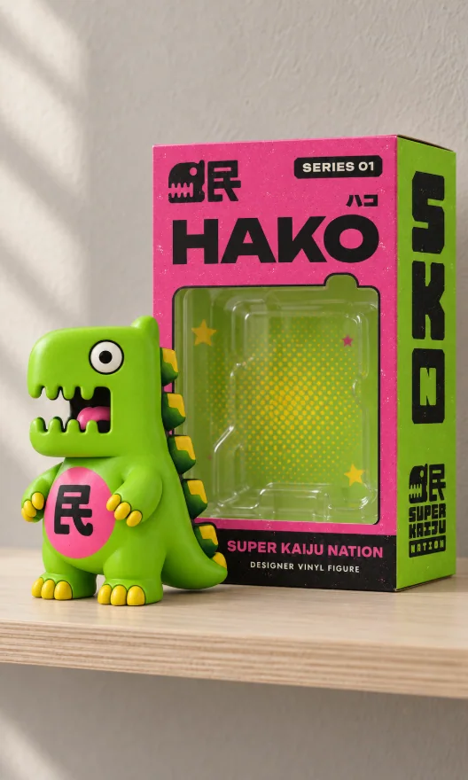 Hako as an acid-green soft-vinyl designer toy standing beside its hot-pink window box on a birch shelf; the box reads HAKO and SERIES 01, its die-cut window with a skull-crown bump shows an empty clear tray on an acid-green backing card, and the green side panel carries the SKN monogram