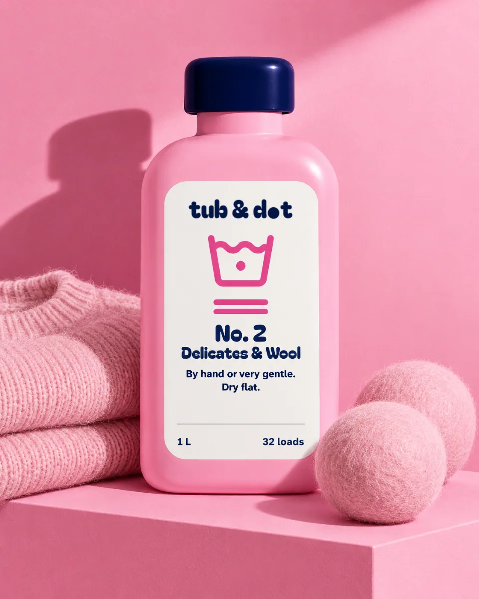 Tub & Dot’s No. 2 Delicates & Wool bottle standing on a pink plinth against a pink wall, tone on tone: its white label with the wash tub and its two bars for very gentle, a folded pink wool jumper and two pink wool dryer balls at its foot, one crisp shadow