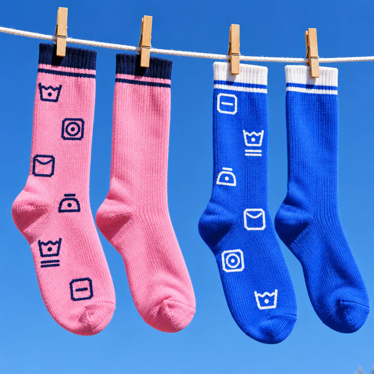 Two pairs of Tub & Dot socks pegged on a washing line against a deep blue sky: candy pink with navy care symbols knitted in, and bright blue with white ones, in hard midday sun